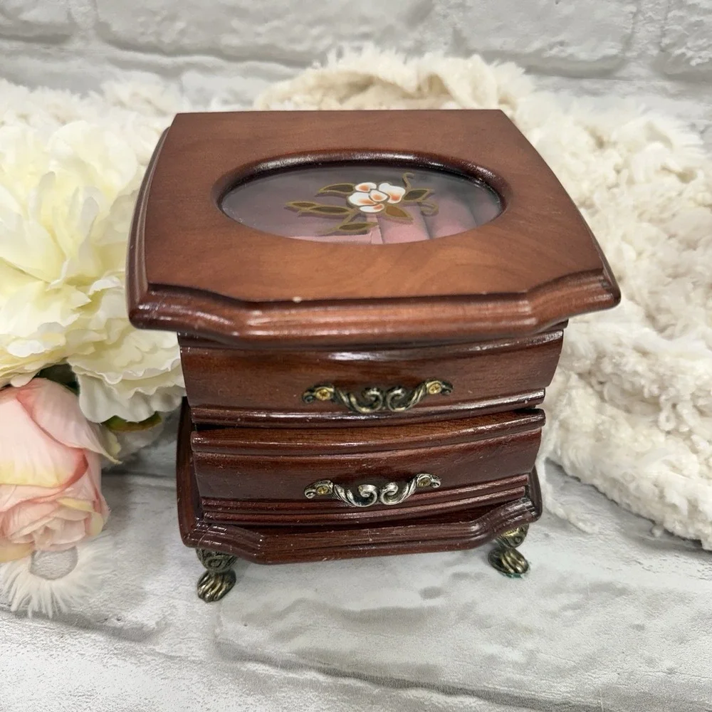 Vtg MeLe Small Wood Claw Foot Jewelry Music Box Stain Glad Flower Pretty Dainty